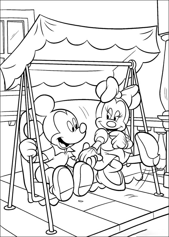 Mickey and Minnie sit swing together Coloring Pages