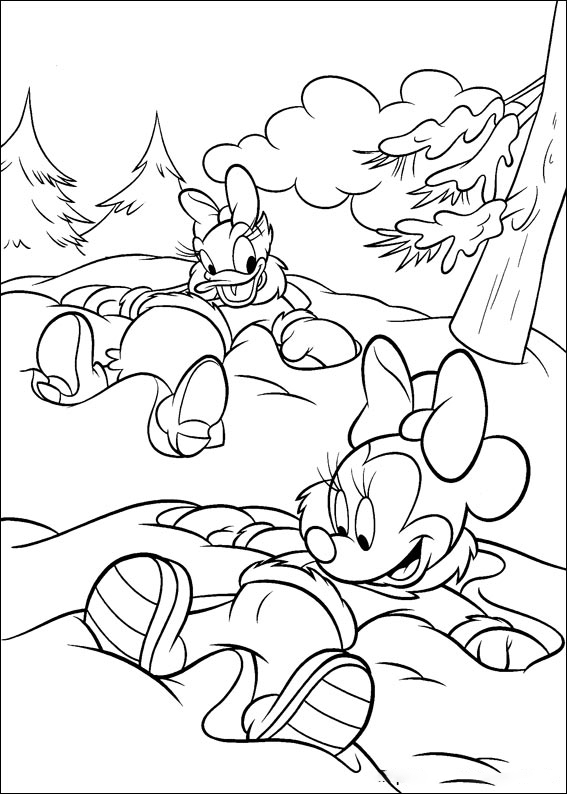 Minnie and Daisy on the snow Coloring Page