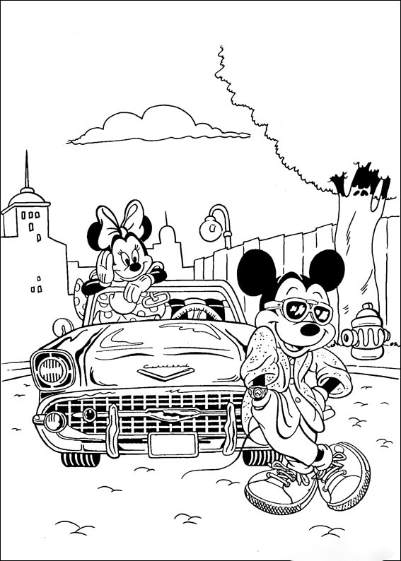 Minnie And Mickey Mouse On The Car Coloring Pages