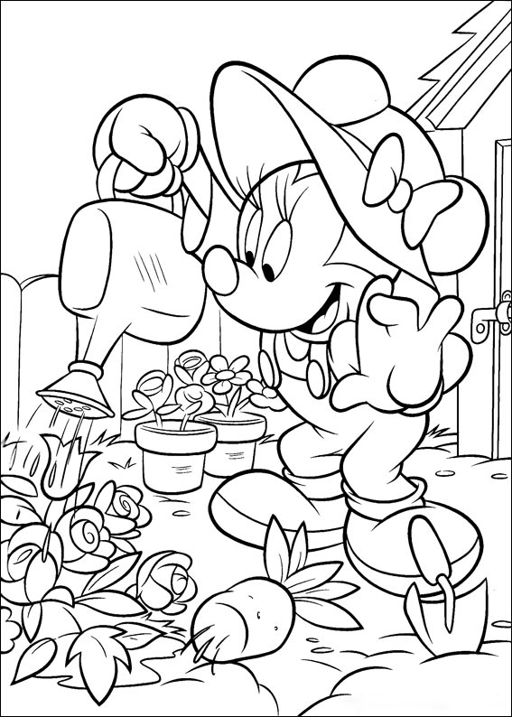Minnie Mouse verzorgt bloemen Kleurplaat