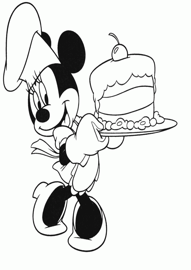 Minnie Mouse met taart Kleurplaat