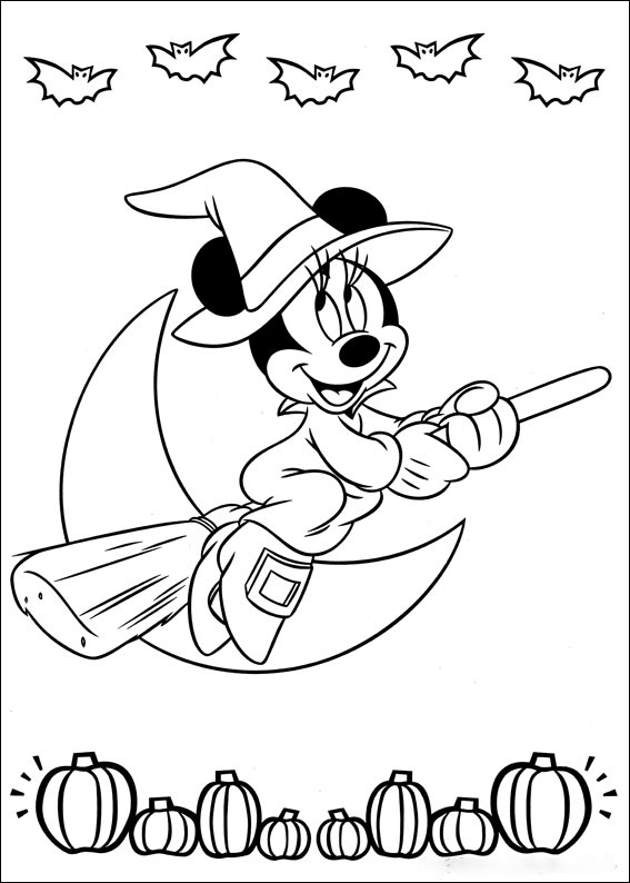 Minnie Witch Rides Broom Coloring Pages
