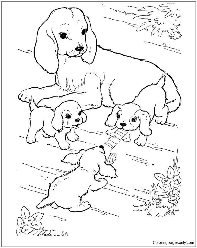 Mother Dog Watching Her Puppies Play Coloring Pages - Puppy Coloring