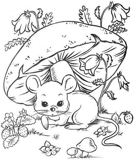 Página para colorir do mouse sob o cogumelo