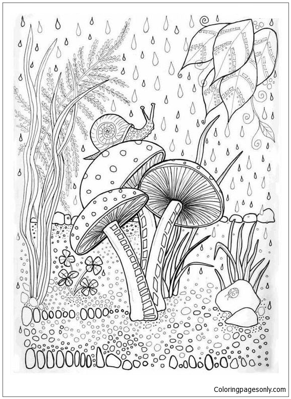 desenho de Cogumelo e caracol na floresta para colorir