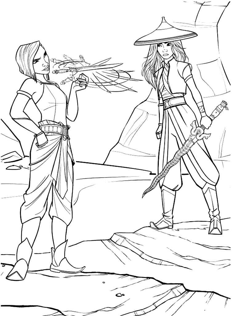 Namaari schwingt ihren Krummsäbel und Raya hält ihr Schwert