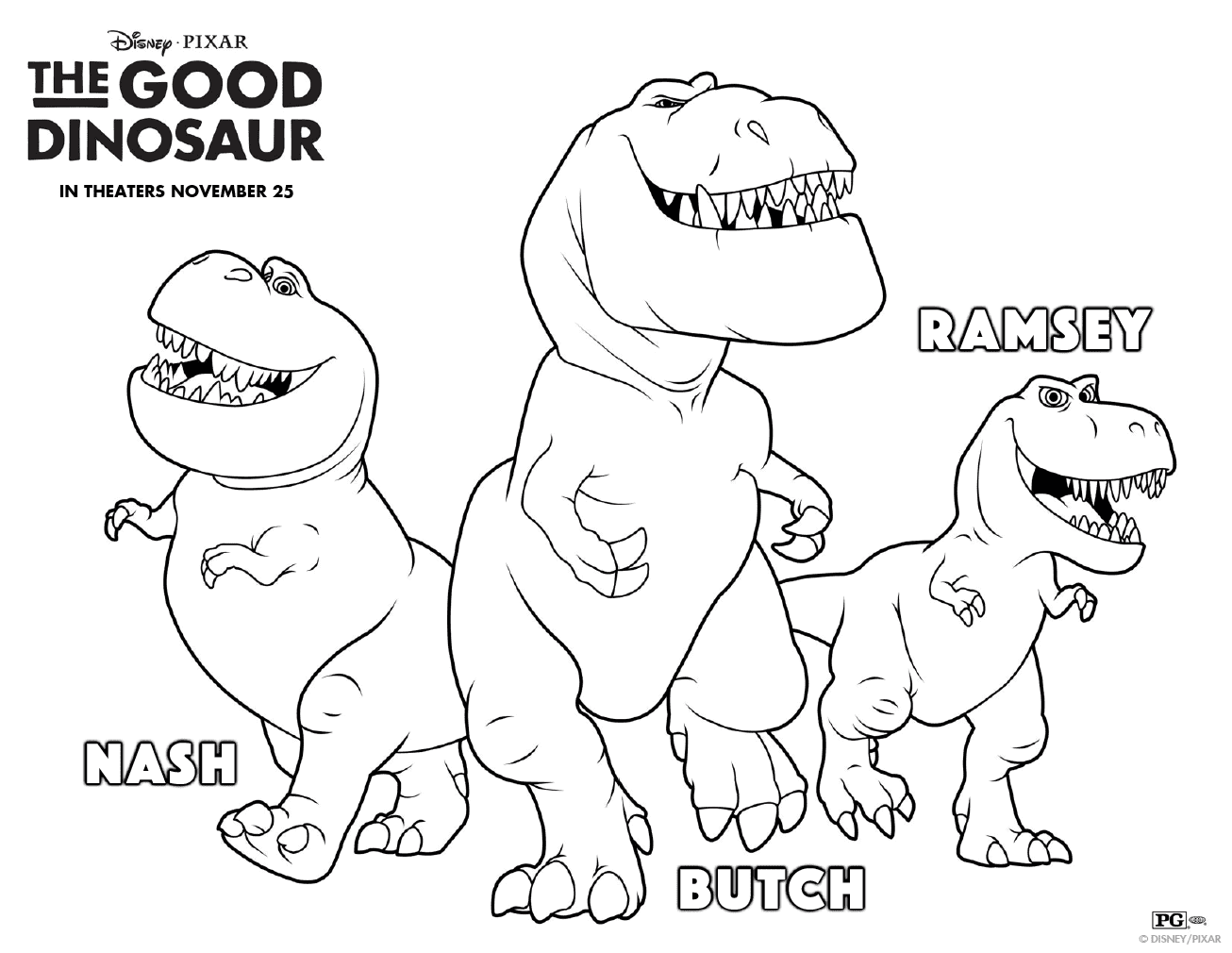 Nash, Butch und Ramsey aus der Ausmalseite „Der gute Dinosaurier“.