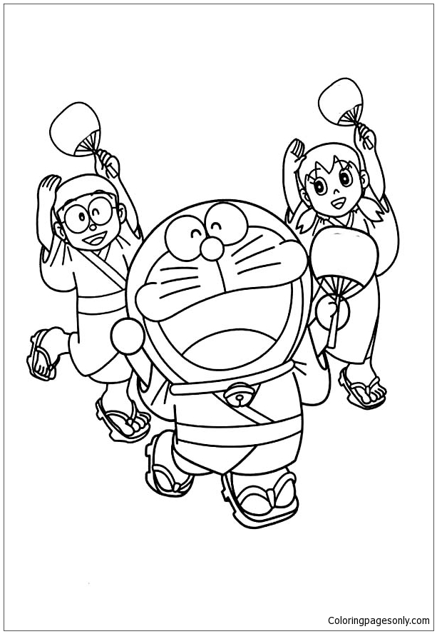Nobita Shizuka and Doraemon Wearing Yukata Dance Together Coloring Pages