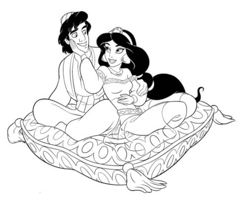Jasmine e Aladdin su un cuscino da Aladdin Coloring Page