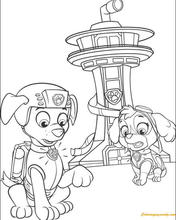 Paw Patrol Skye und Zuma hinter einem Turm von Skye Paw Patrol