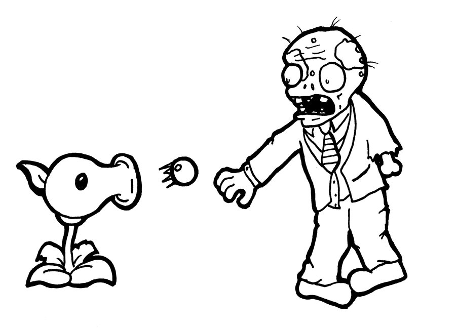 Peashooter vs Basic Zombie Coloring Pages
