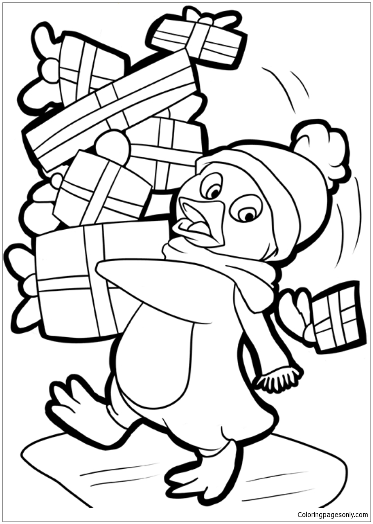 Penguin And Presents For Christmas Coloring Pages