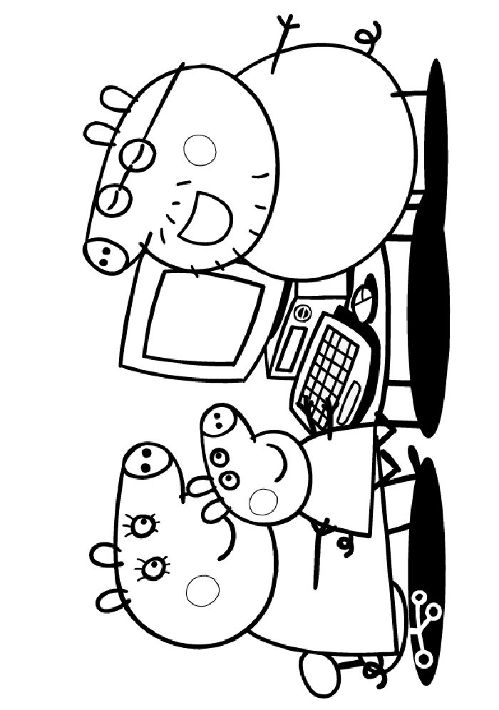 Семья Свинки Пеппы играет на компьютере из мультфильма «Свинка Пеппа»
