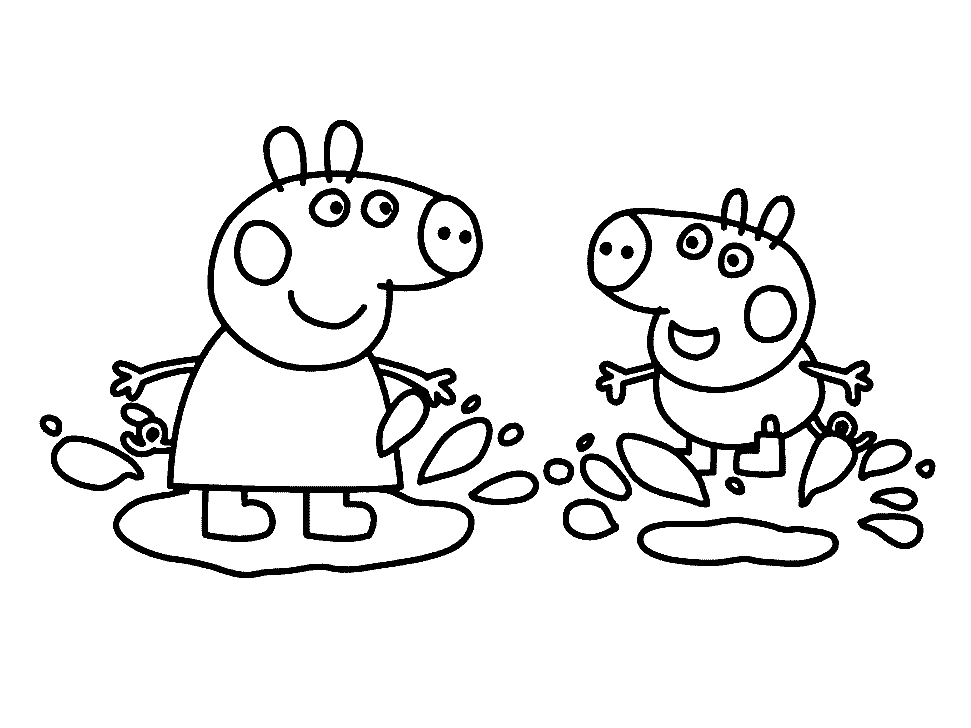 Peppa et George sautant dans des flaques boueuses de Peppa Pig