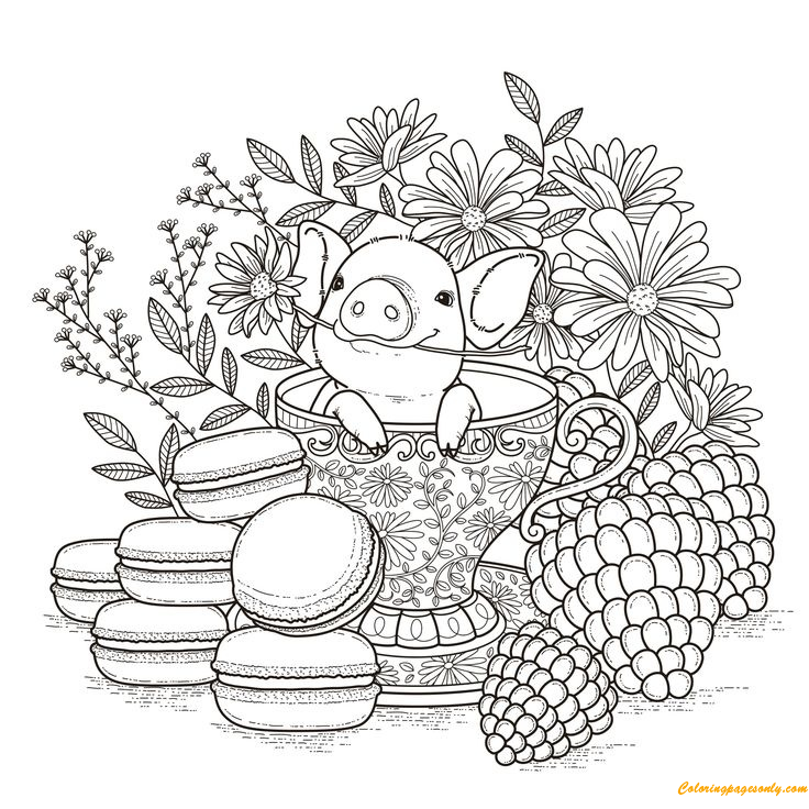 Pig in a Tea Cup And A Flower Coloring Pages