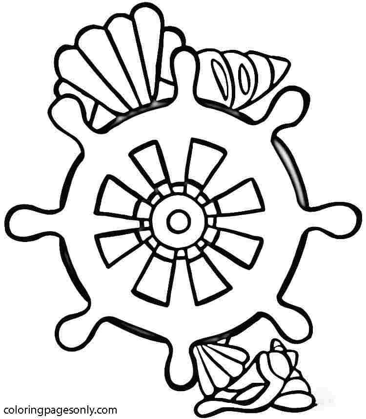 Pirate ship steering wheel and Shells Coloring Page