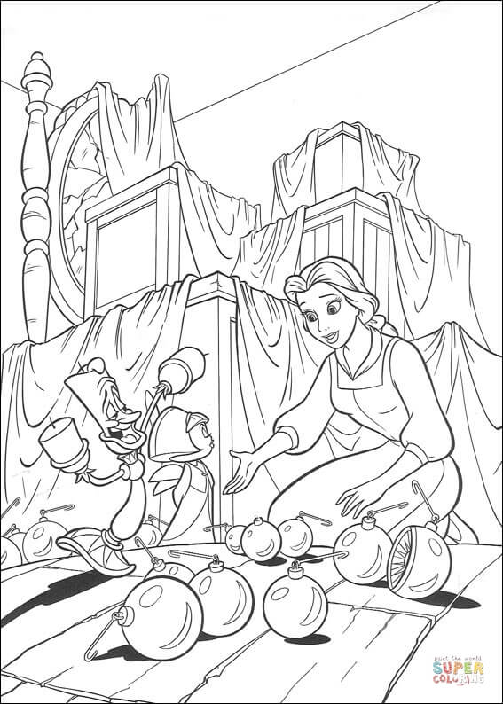 Prinzessin Belle und Weihnachtskugeln von Beauty and the Beast Coloring Page