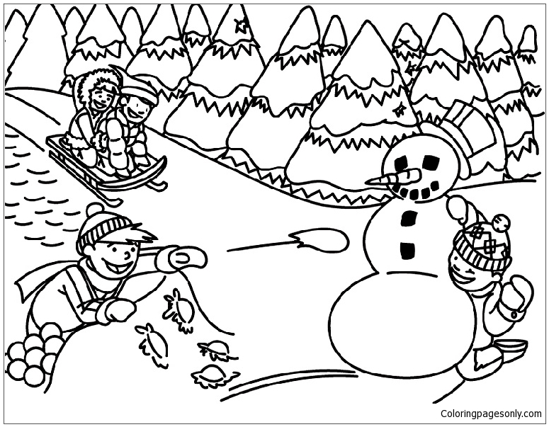 Página para colorir brincando na neve