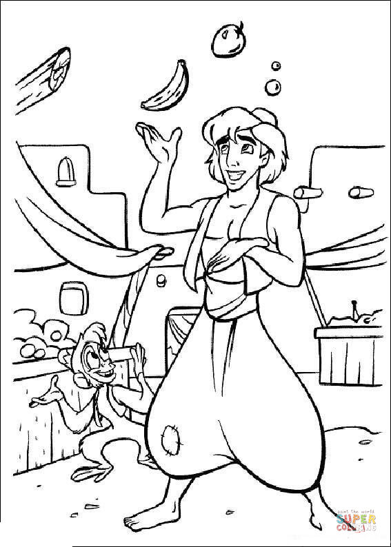 Aladdin is juggling fruits  from Aladdin Coloring Pages