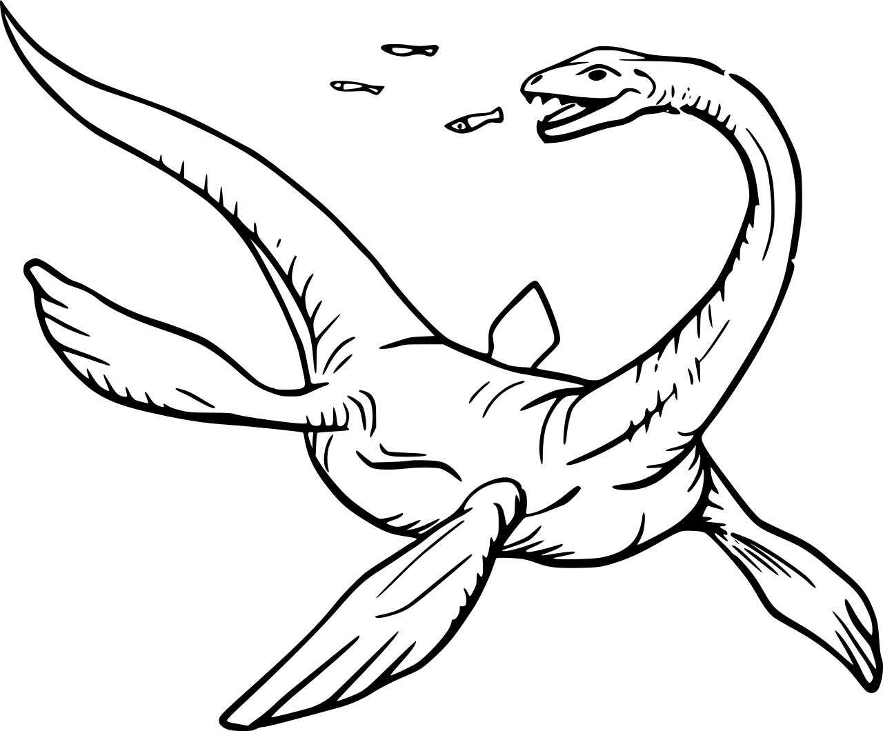 Dinosaurio plesiosaurio comiendo pescado para colorear página