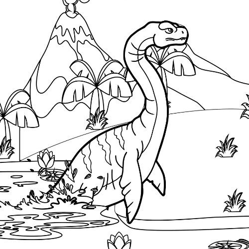 Раскраска Плезиозавр Динозавр в озере лотосов