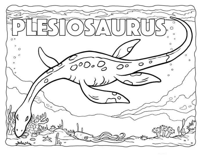 Plesiosaurus Dinosaur swims under the ocean Coloring Page
