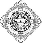 Polynesian mandala with face bird and fish Coloring Pages