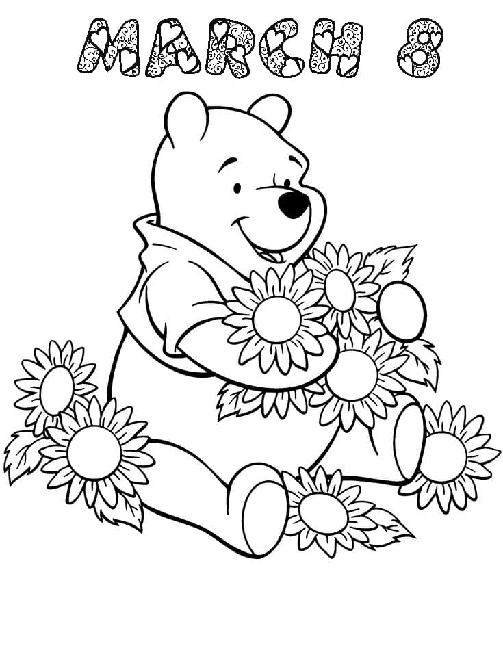 Pooh Bear congratulates Womens Day Coloring Pages