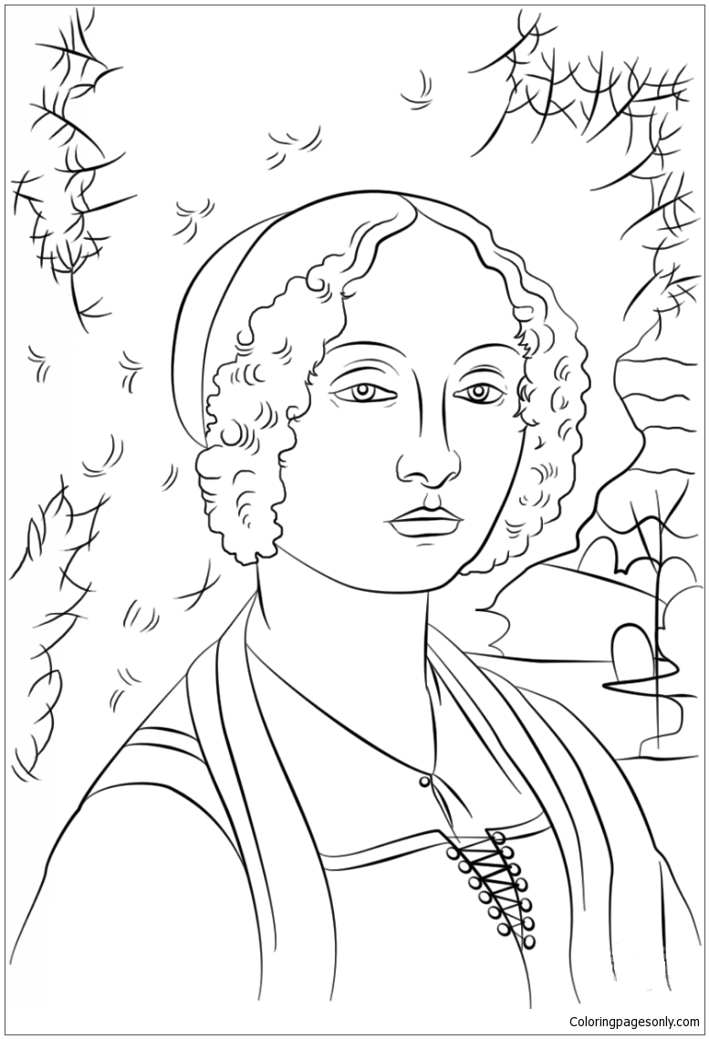 Portrait Of Ginevra Benci By Leonardo Da Vinci Coloring Pages Arts Culture Coloring Pages Coloring Pages For Kids And Adults