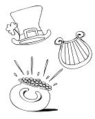 Pot Of Gold, Harp And Hat Coloring Page