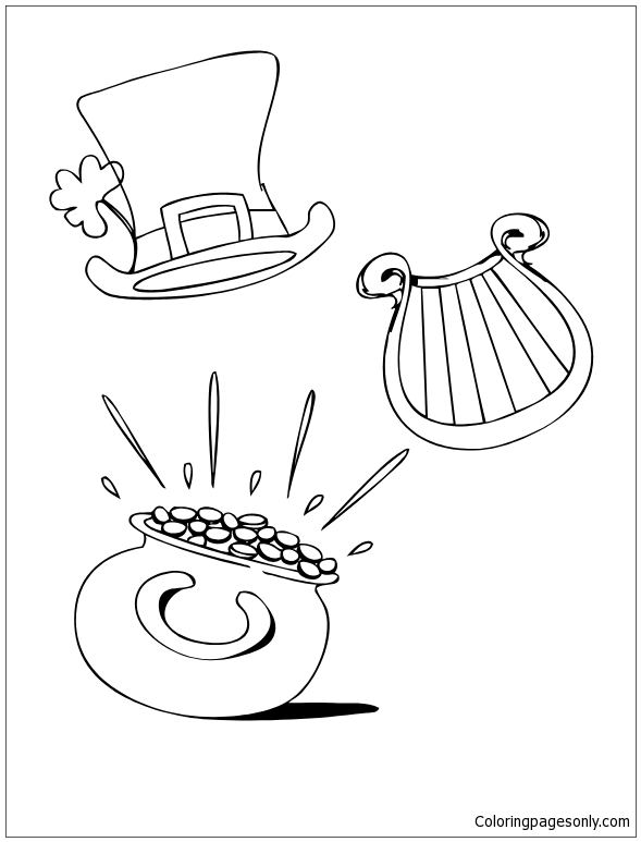 Desenhos para colorir pote de ouro, harpa e chapéu