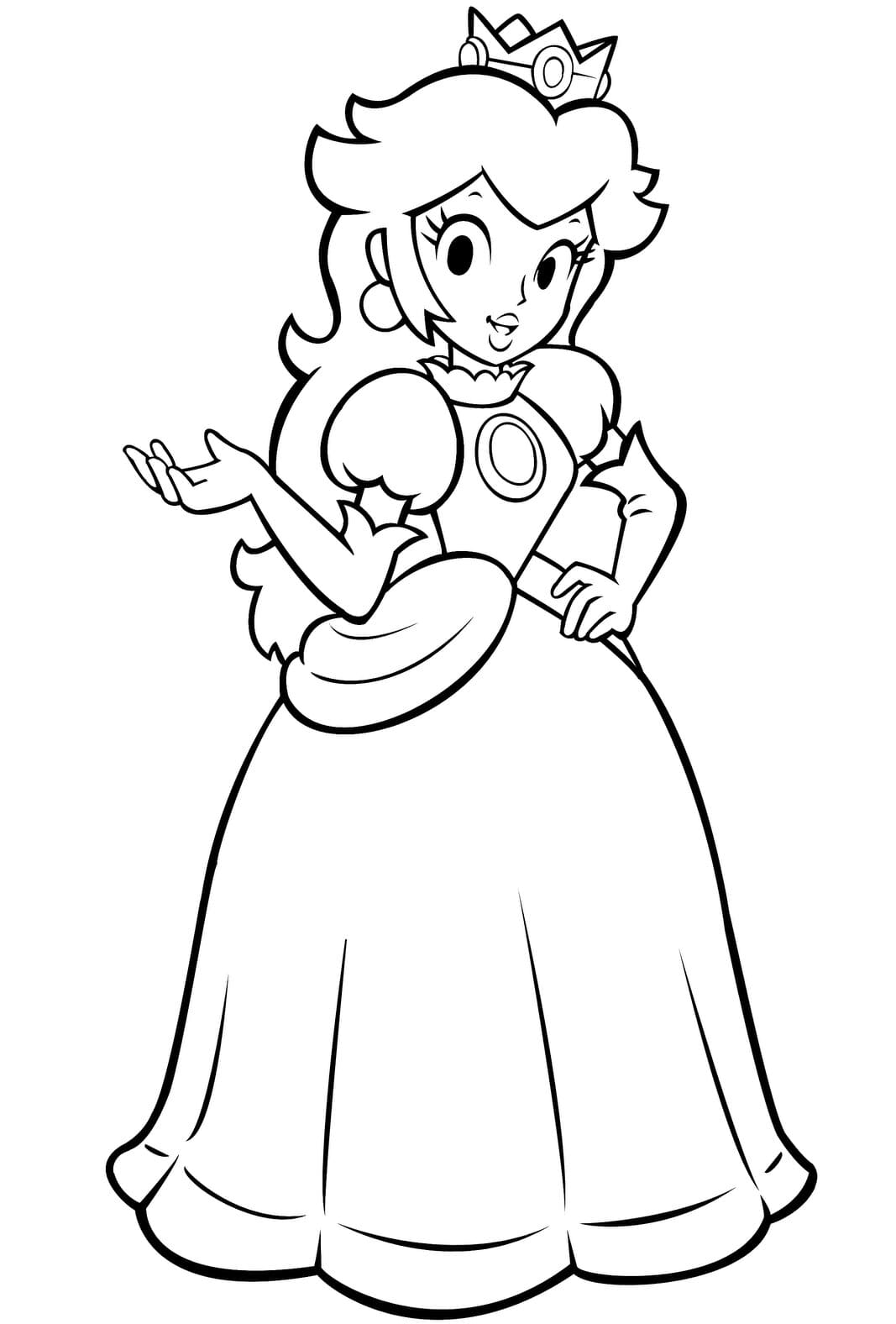 Princesa Peach levanta su mano derecha en Super Mario Bros Coloring Page