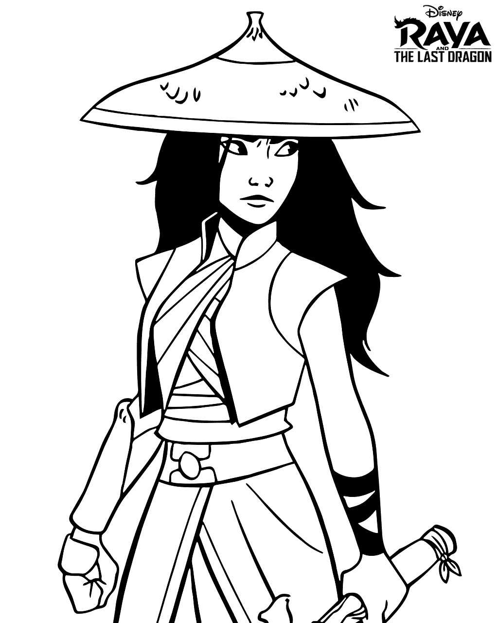 Princess Raya wears hat and holds her sword Coloring Page