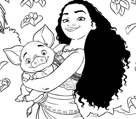Pua And Princess Moana Disney Coloring Page