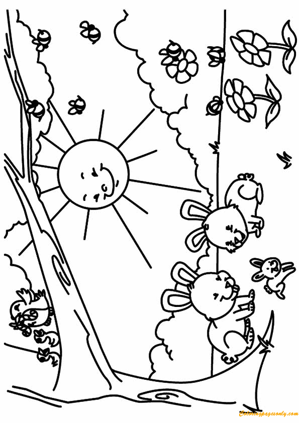 Rabbits In Spring Coloring Pages