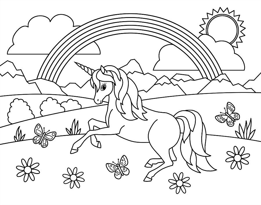 Pagina da colorare di unicorno arcobaleno