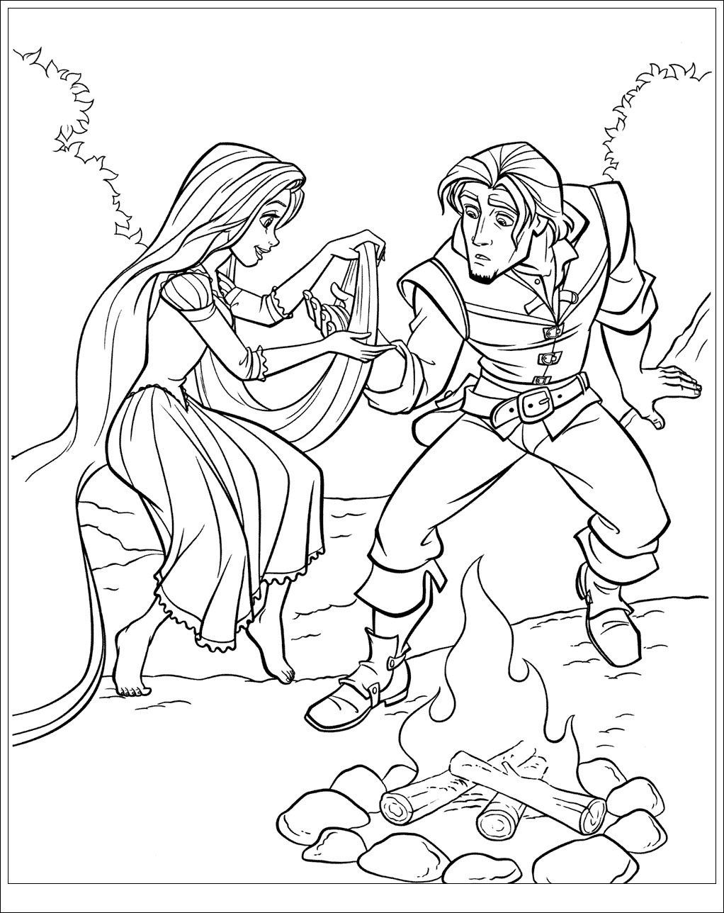 Rapunzel gives Flynn first aid Coloring Page