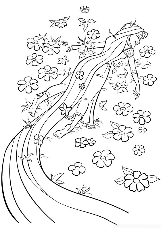 Rapunzel lies on the flowers Coloring Pages