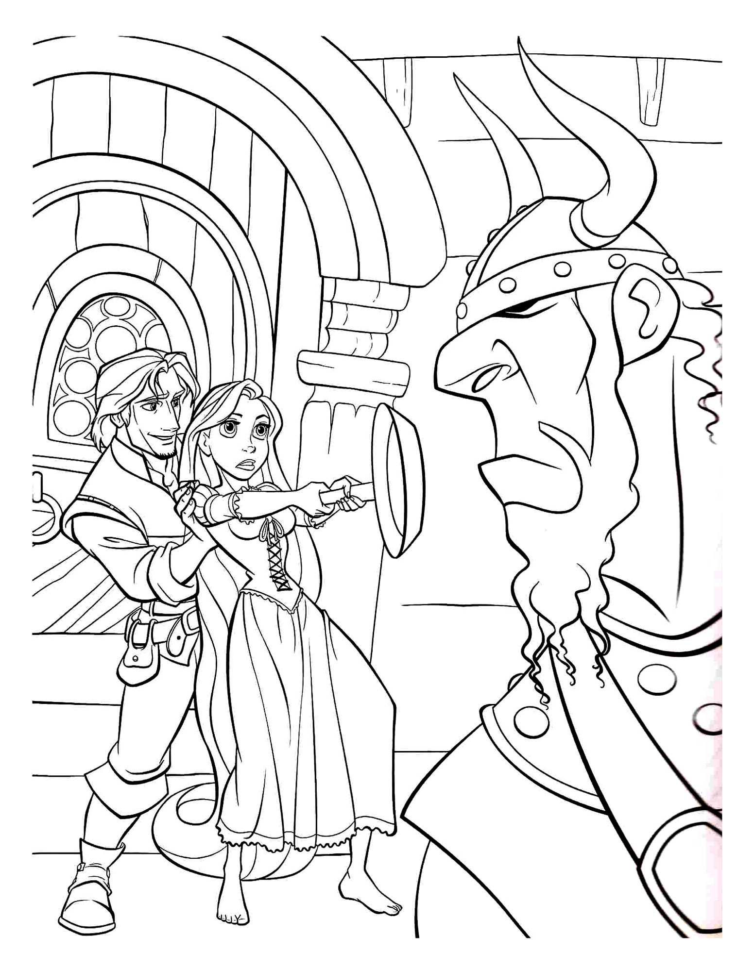 Rapunzel protects Flynn rider Coloring Pages
