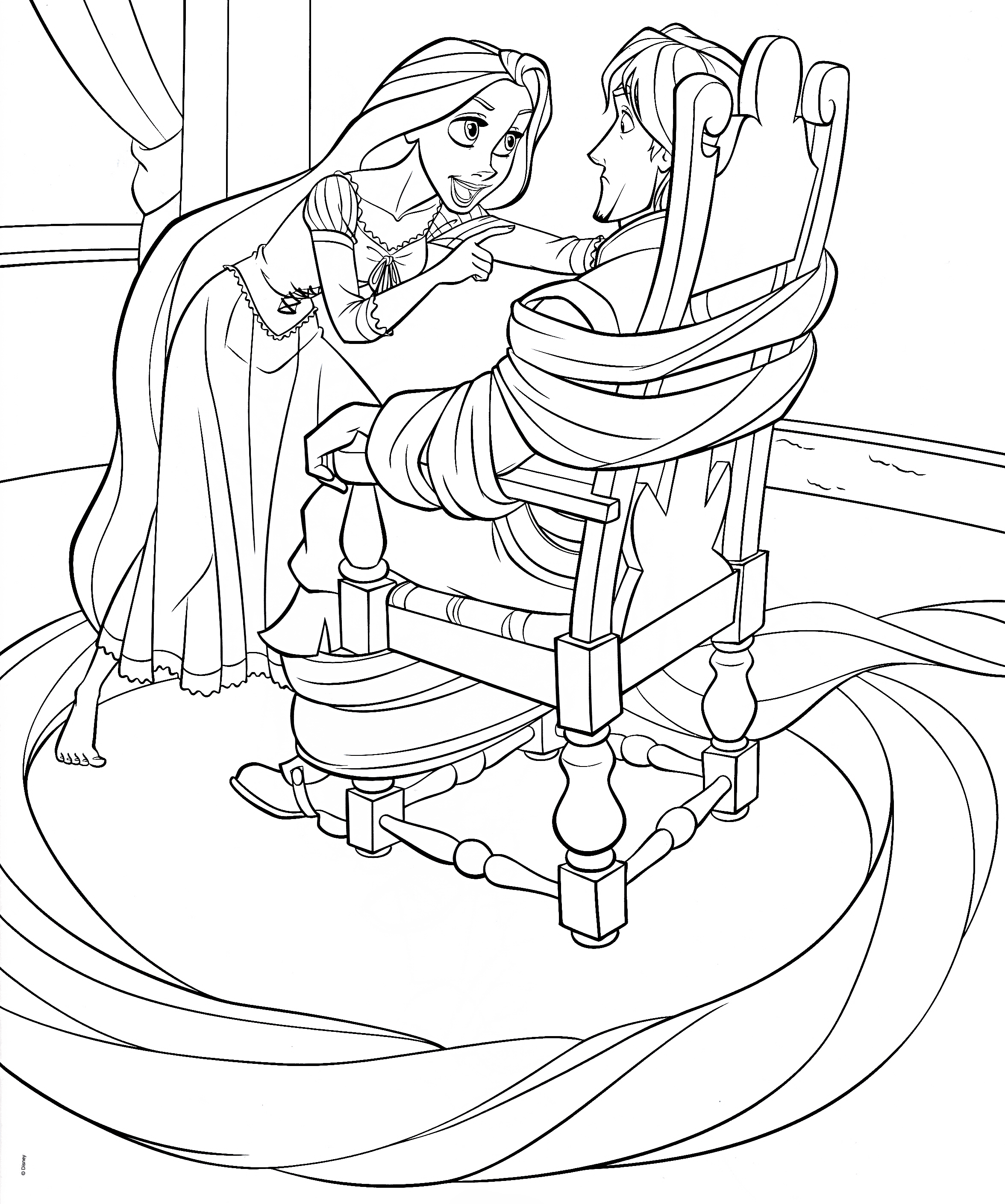 Rapunzel ties up Flynn Coloring Pages