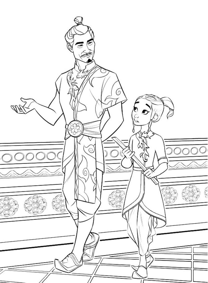 Raya and her father, Chief Benja, walks together Coloring Page