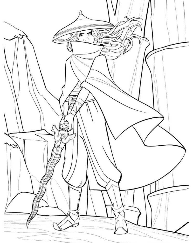 Raya brings her sword and stands on the rock Coloring Page