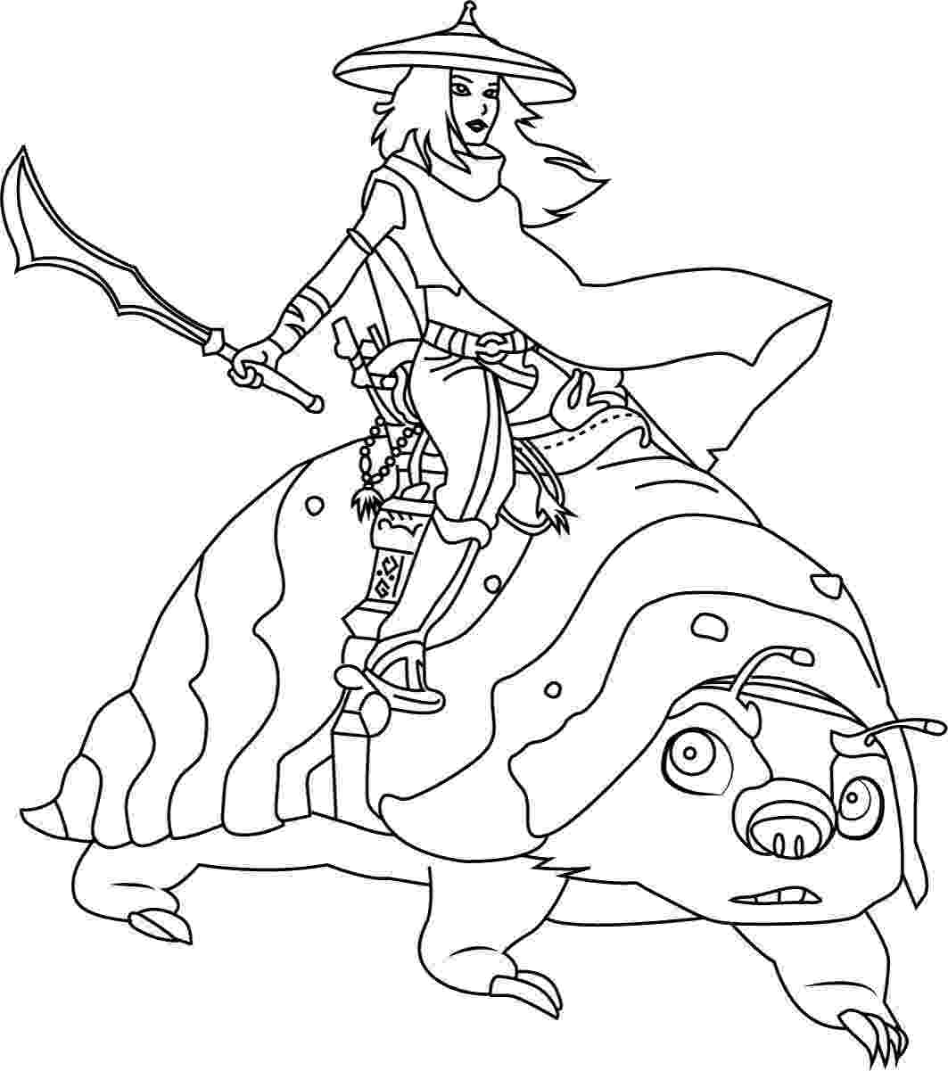 Desenho de Raya Princess segurando sua espada e montando Tuk Tuk