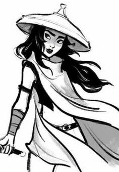 Raya Princess wearing hat black-and-white Coloring Page