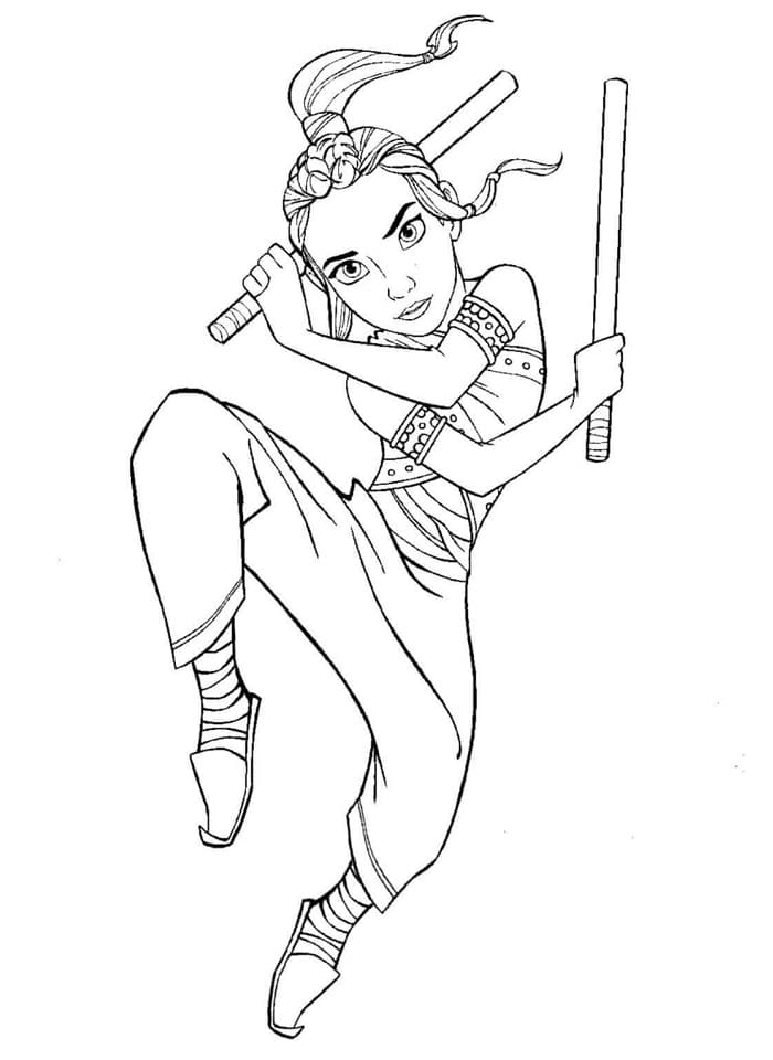 Dibujo de Raya entrenando marcial con armas para colorear
