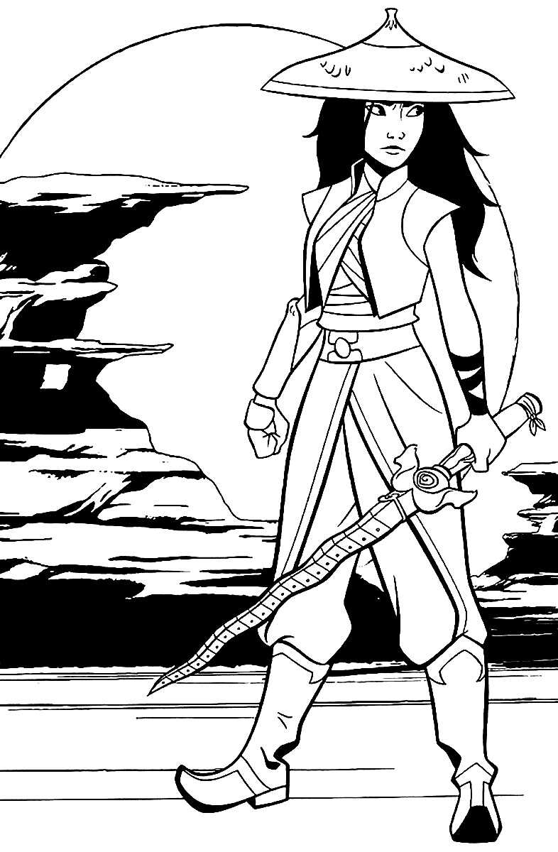 Raya Warrior hält ihr Schwert unter dem Mondlicht Ausmalbilder