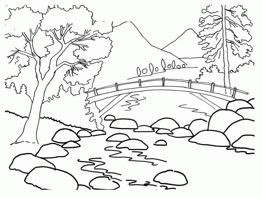 Mountain River and Bridge Coloring Pages