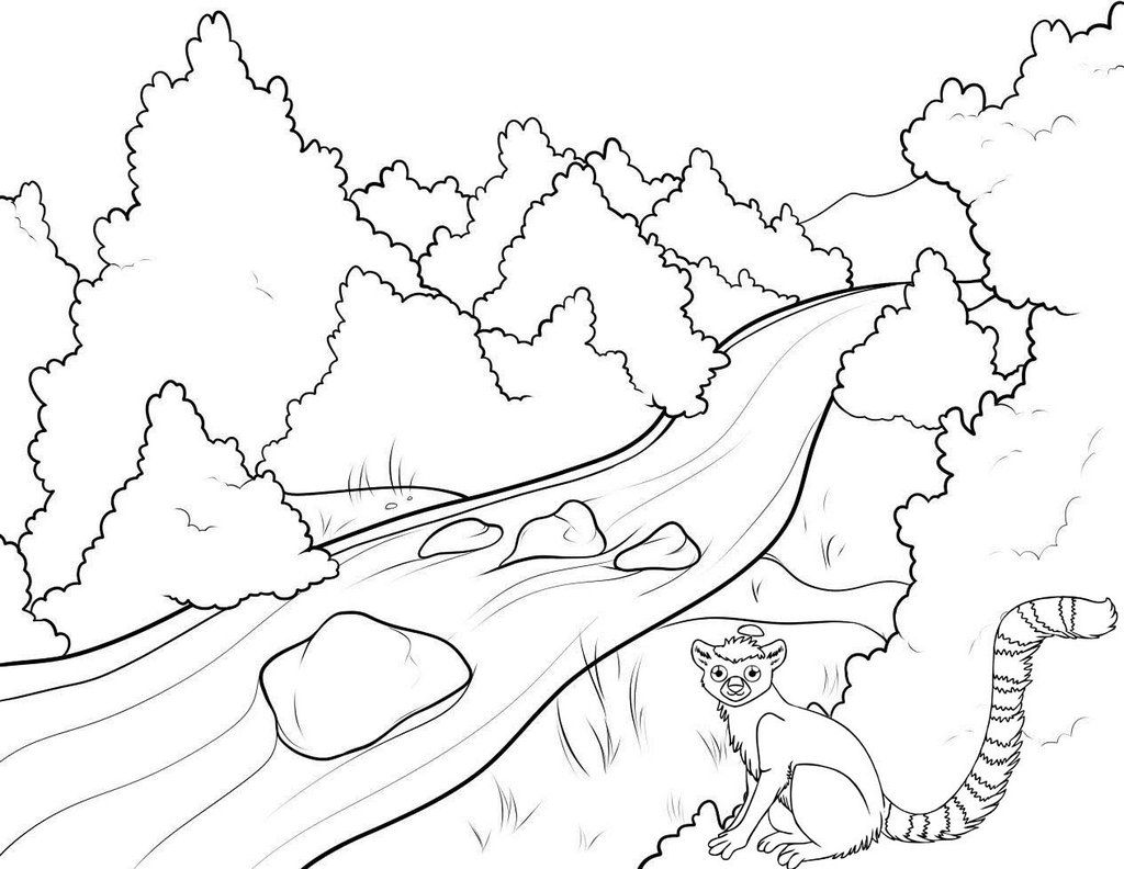 Mountain River And Squirrel Scenery Coloring Pages