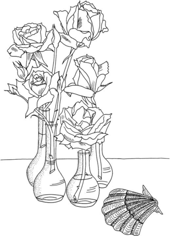 Roses in the vases near the shell Coloring Pages