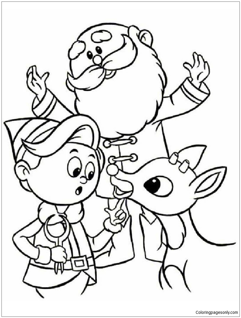 Rudolph, Santa Claus and Hermey the Elf Coloring Pages - Holidays